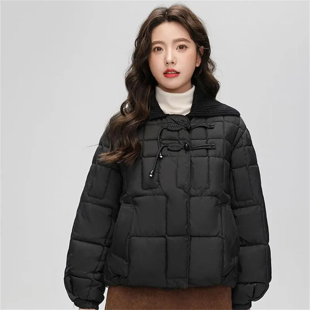 Women Down Cotton Coat Winter Warm Jacket Knitted Lapel Puffer Parkas Chic Korean Cotton Outwear