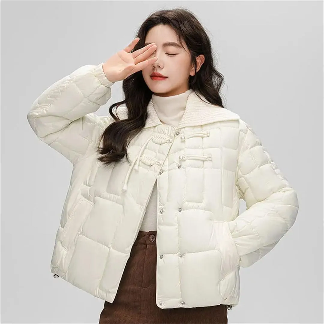 Women Down Cotton Coat Winter Warm Jacket Knitted Lapel Puffer Parkas Chic Korean Cotton Outwear