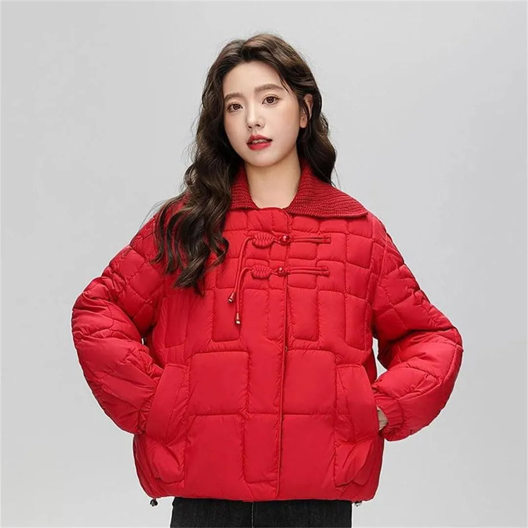Women Down Cotton Coat Winter Warm Jacket Knitted Lapel Puffer Parkas Chic Korean Cotton Outwear
