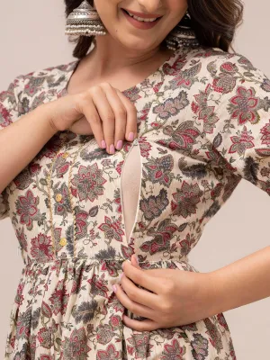 Women Floral Printed Maternity Cotton Maxi Dress - SHKUP1296