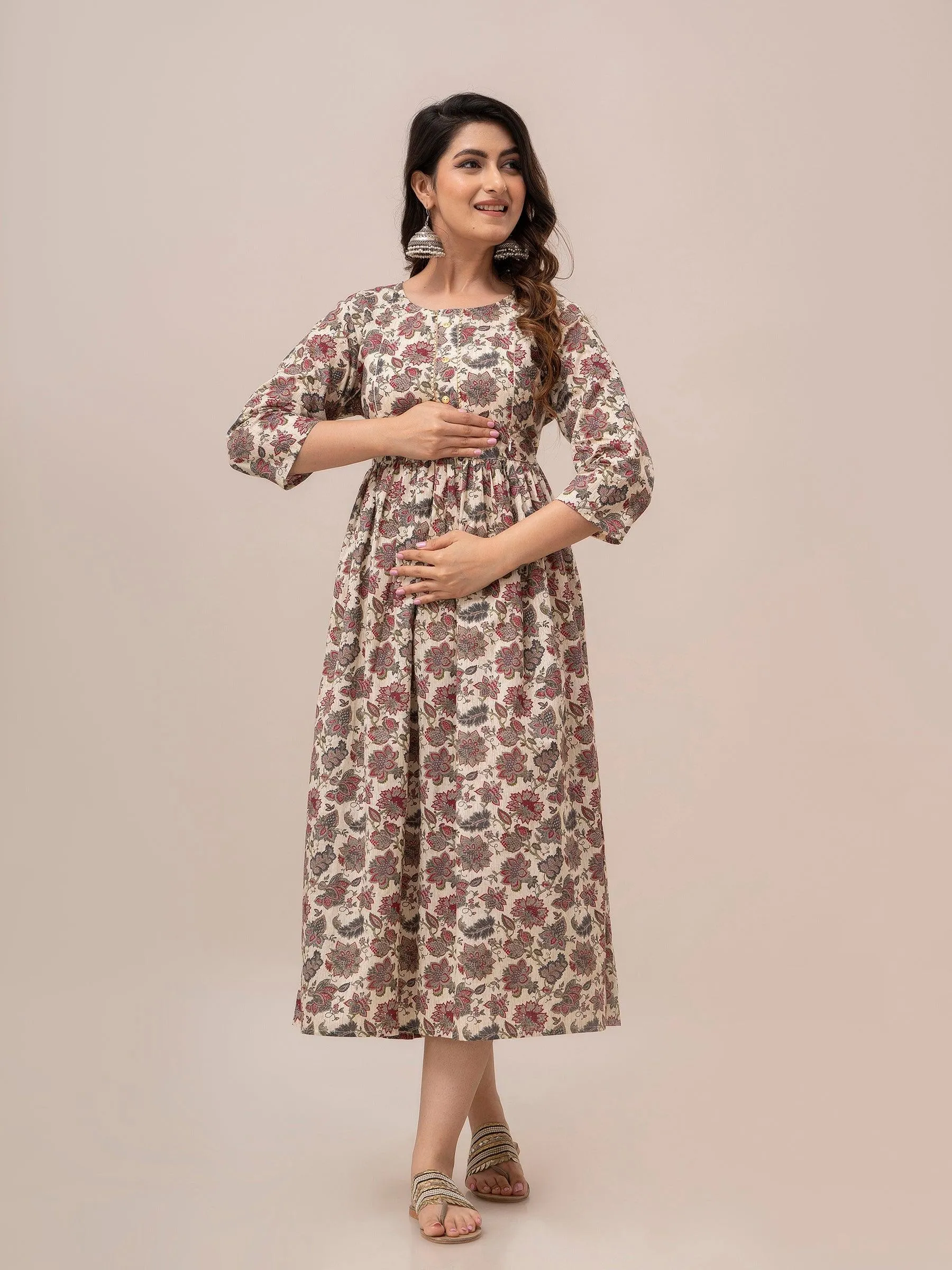Women Floral Printed Maternity Cotton Maxi Dress - SHKUP1296