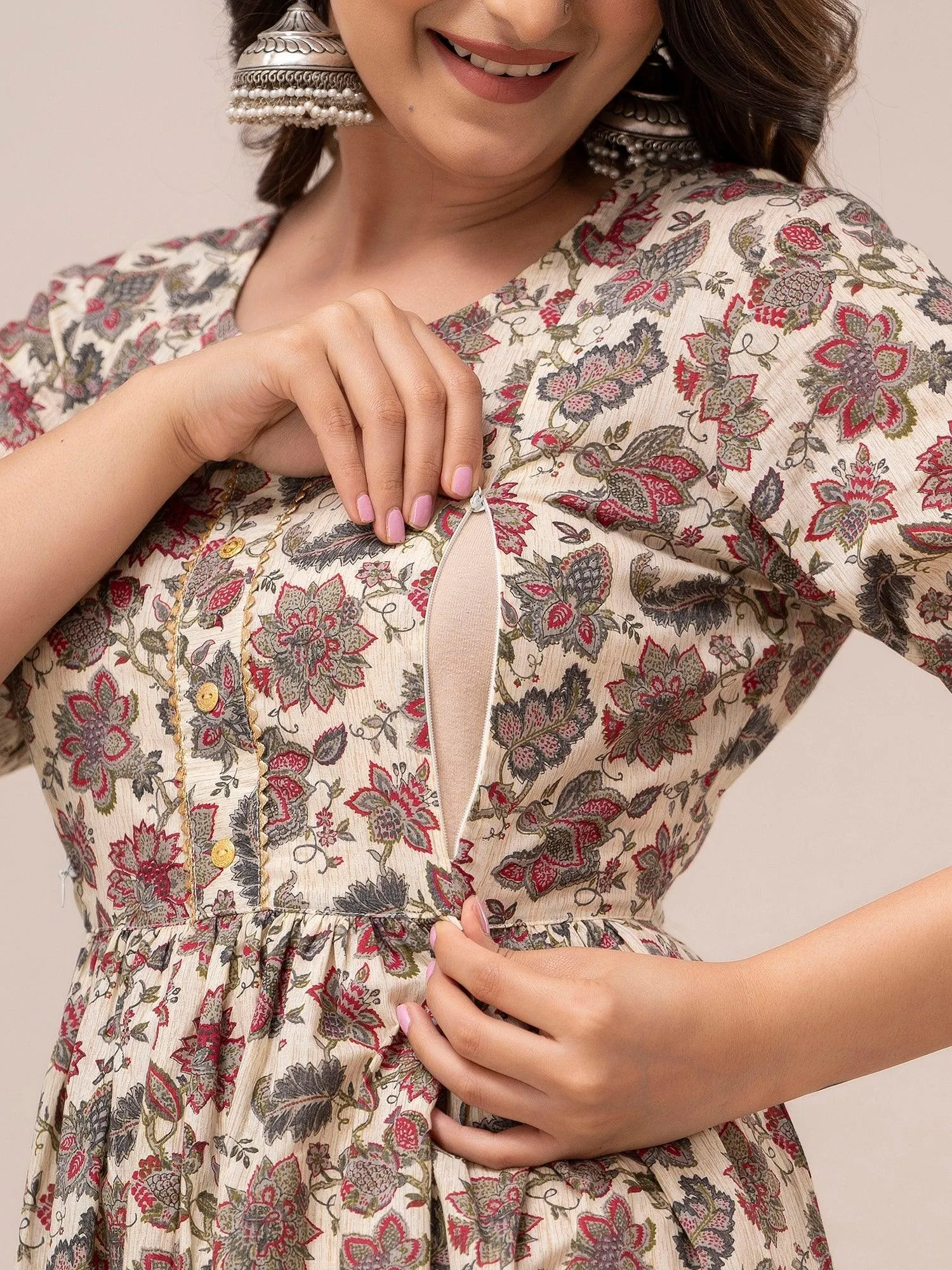 Women Floral Printed Maternity Cotton Maxi Dress - SHKUP1296