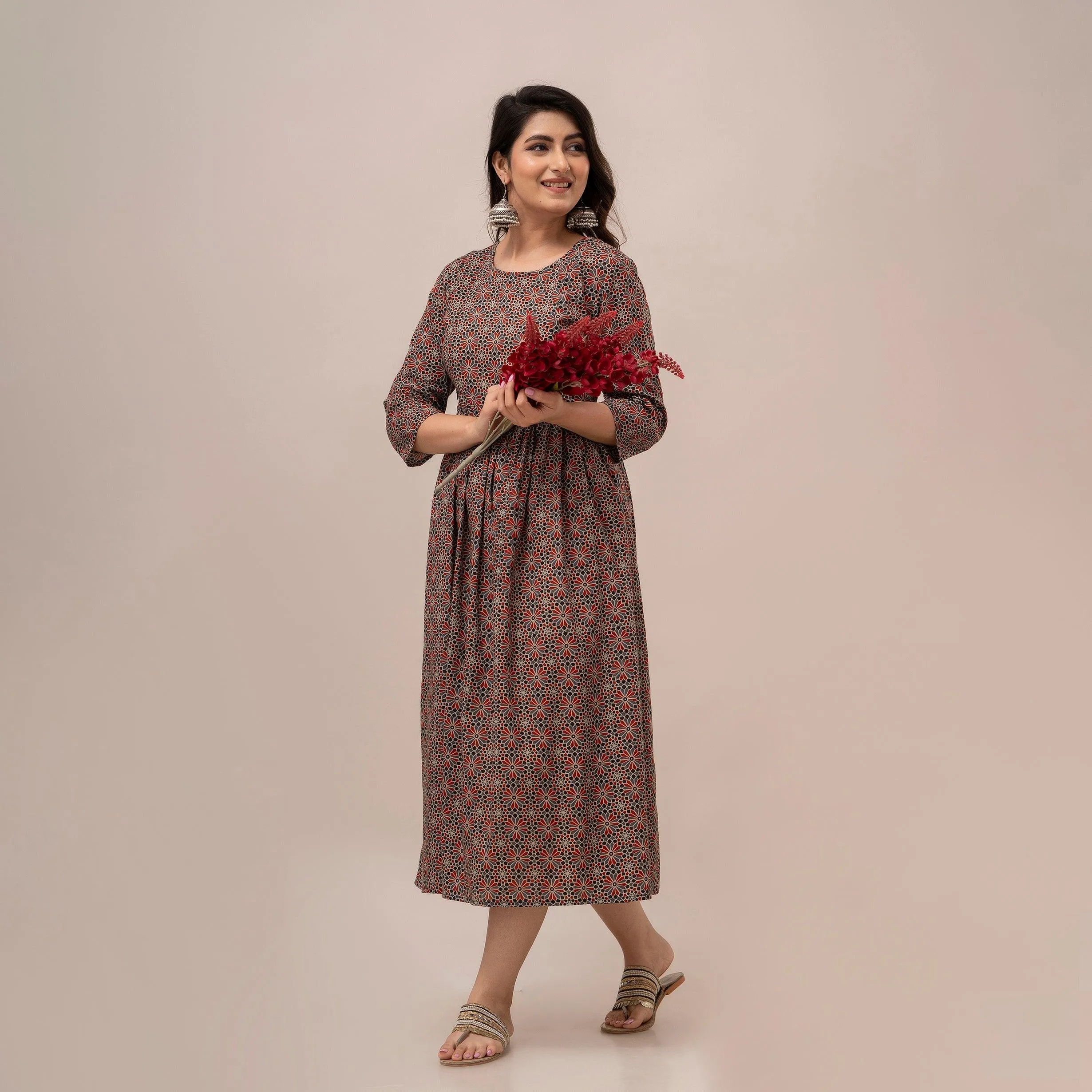 Women Floral Printed Maternity Cotton Maxi Dress - SHKUP1299
