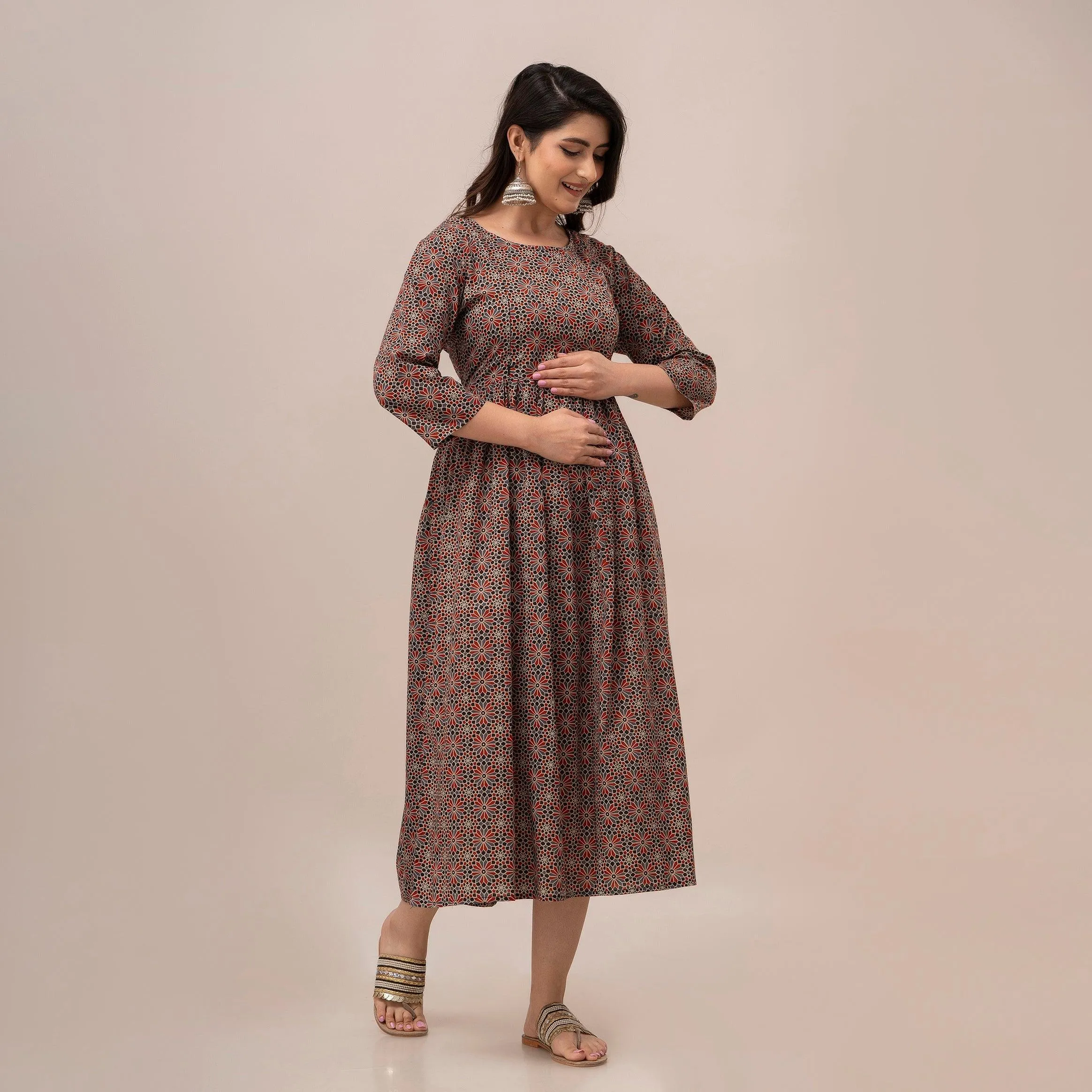Women Floral Printed Maternity Cotton Maxi Dress - SHKUP1299