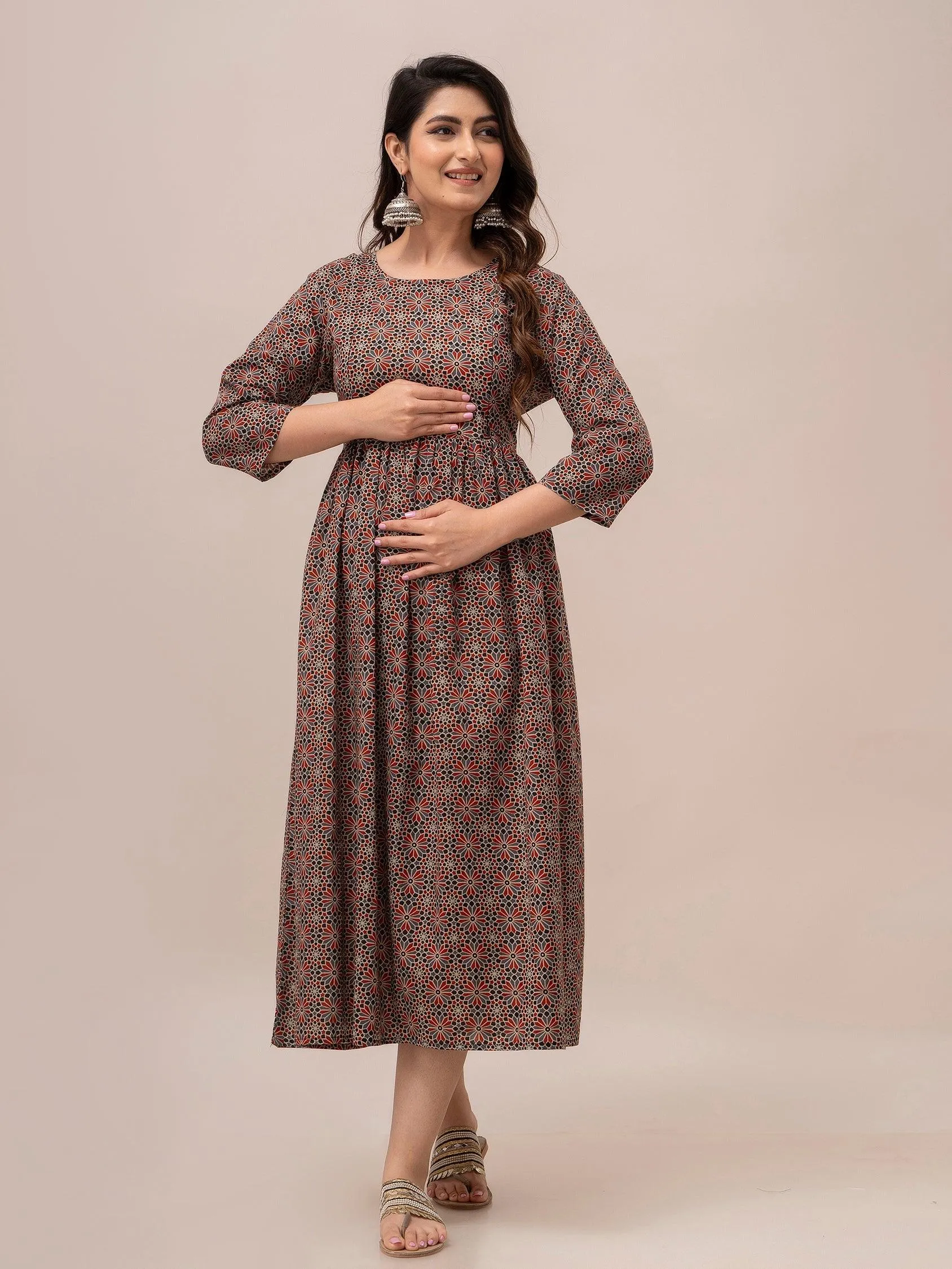 Women Floral Printed Maternity Cotton Maxi Dress - SHKUP1299