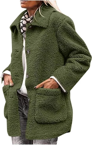 Women Fuzzy Fleece Jackets Warm Sherpa Cardigan Open Front Fleece Coat Long Sleeve Button Down Jacket Casual Winter Coat