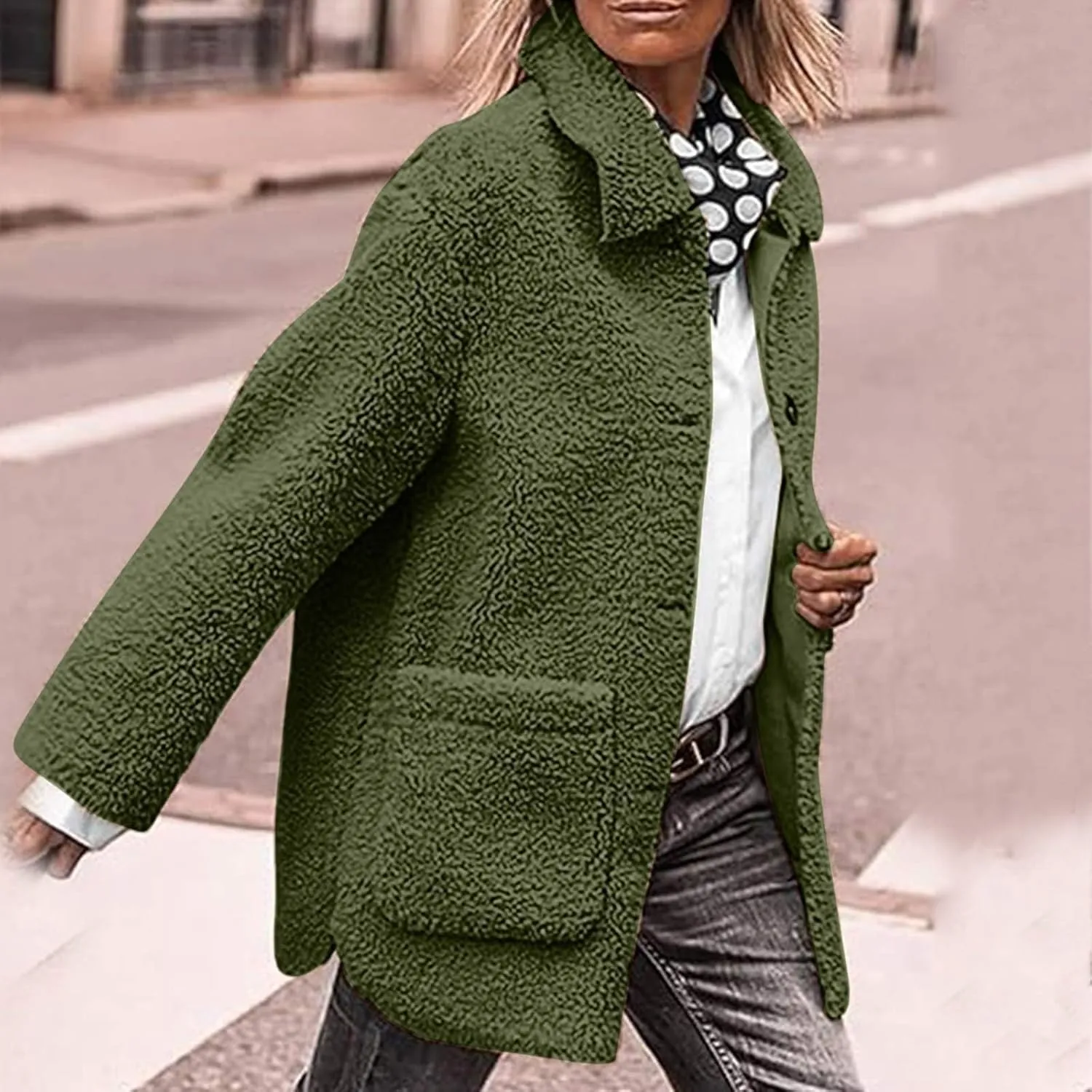 Women Fuzzy Fleece Jackets Warm Sherpa Cardigan Open Front Fleece Coat Long Sleeve Button Down Jacket Casual Winter Coat