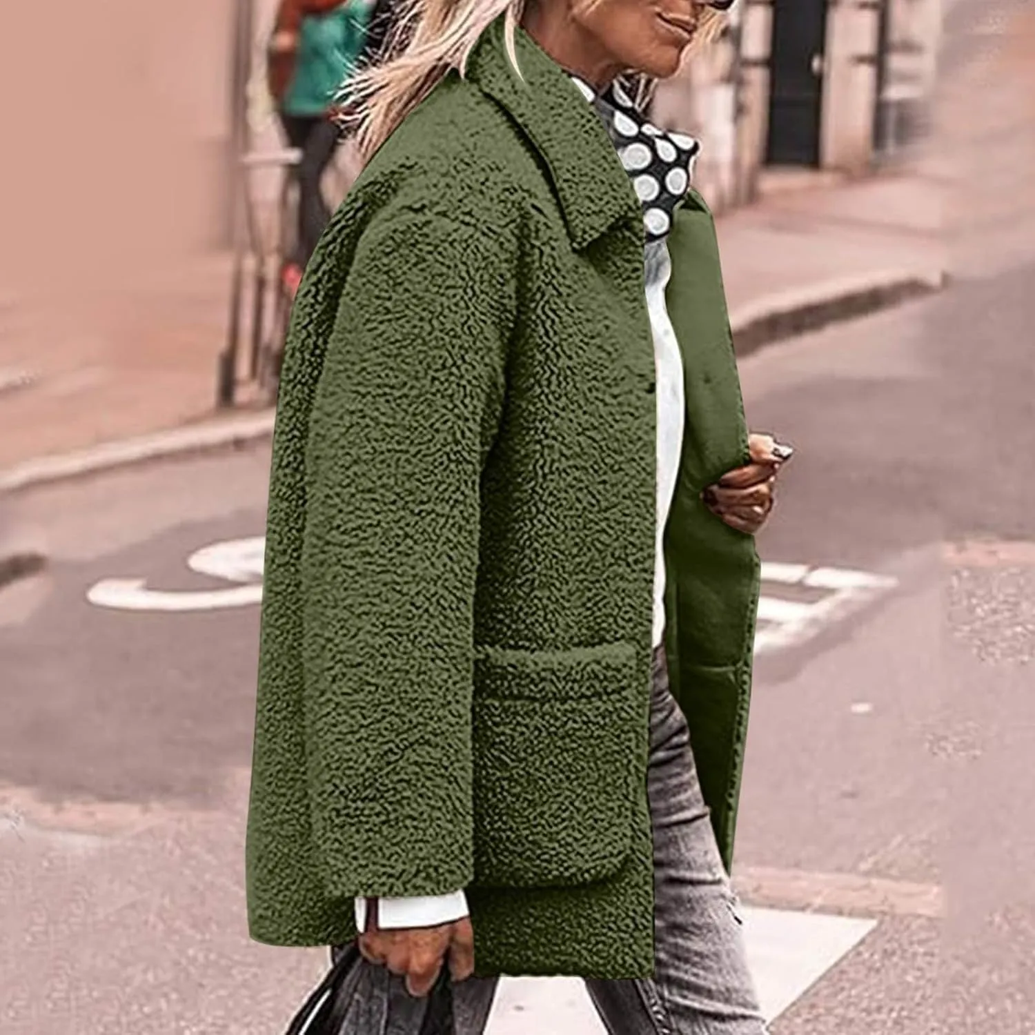 Women Fuzzy Fleece Jackets Warm Sherpa Cardigan Open Front Fleece Coat Long Sleeve Button Down Jacket Casual Winter Coat