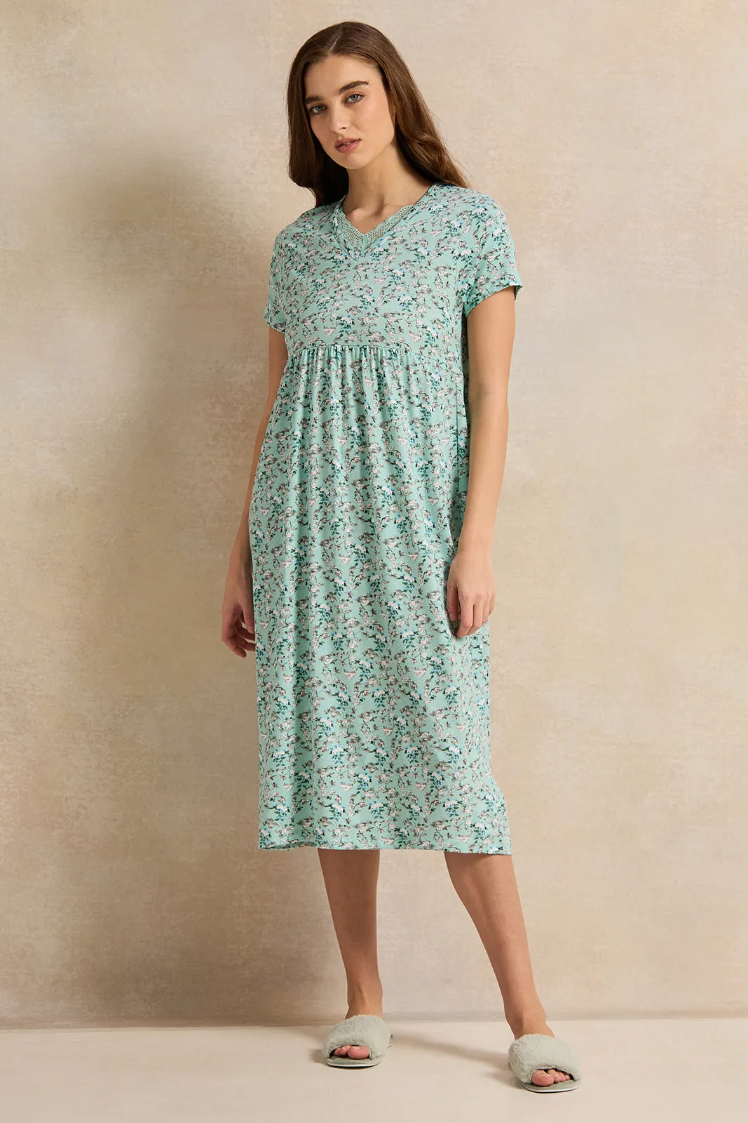 Women Green Blossom Printed Knitted Nightgown