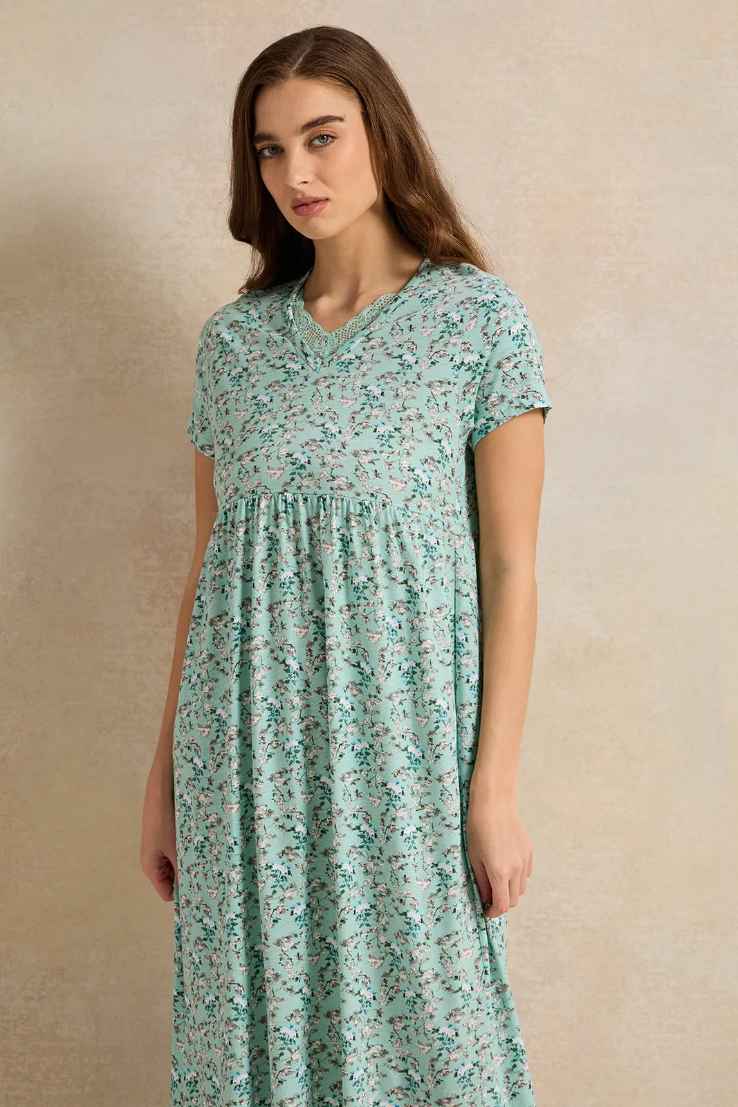 Women Green Blossom Printed Knitted Nightgown