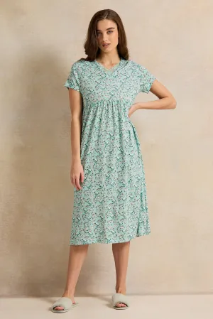 Women Green Blossom Printed Knitted Nightgown