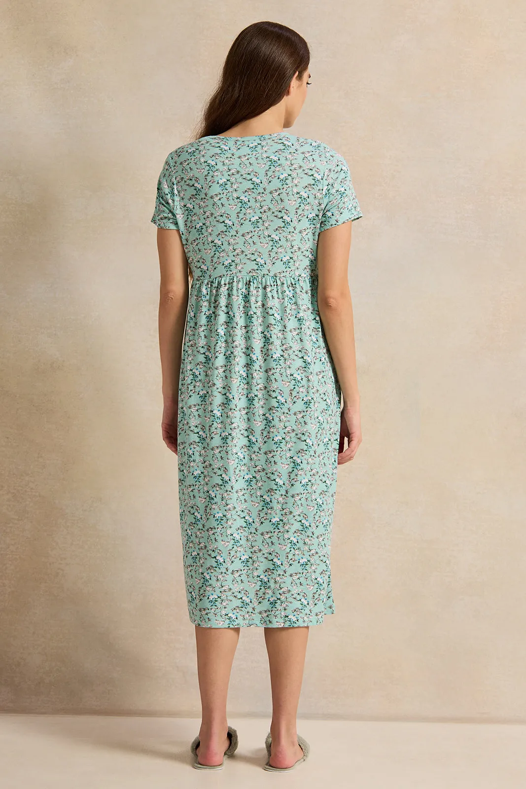 Women Green Blossom Printed Knitted Nightgown