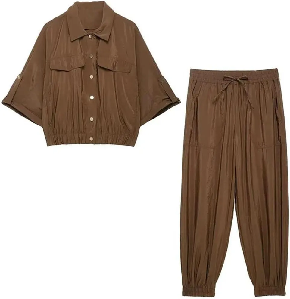 Women Legged Pants For 2 Pieces Short Sleeved Shirt Top Elegant Set