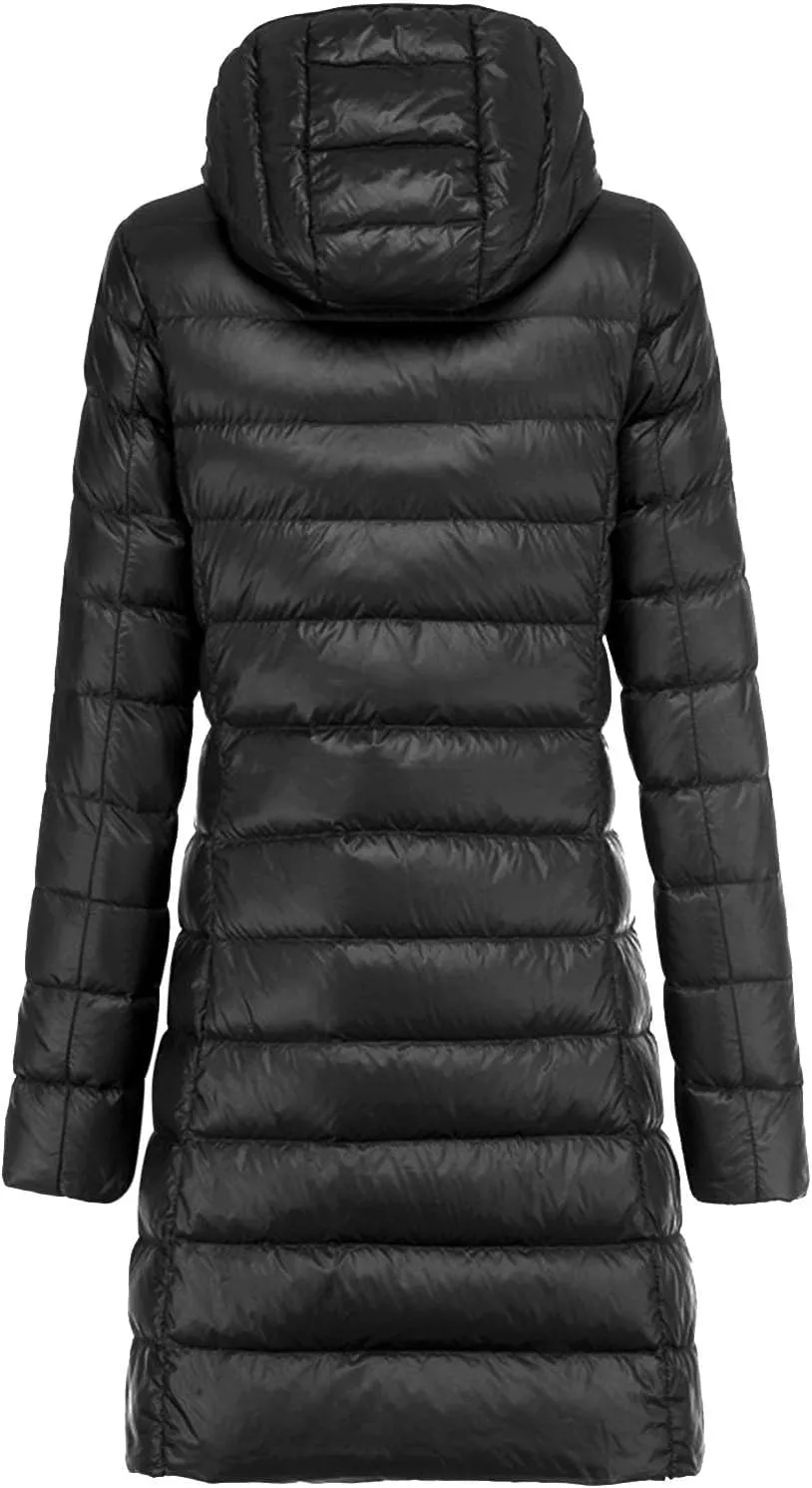 Women Lightweight Down Puffer Coat, Women Hooded Mid-Length Packable Winter Jacket Puffer Coat