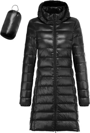 Women Lightweight Down Puffer Coat, Women Hooded Mid-Length Packable Winter Jacket Puffer Coat