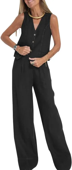 Women Linen Cotton Vest Pants Set Cotton Sleeveless Vest Tank Crop Top Wide Leg Pantsuit