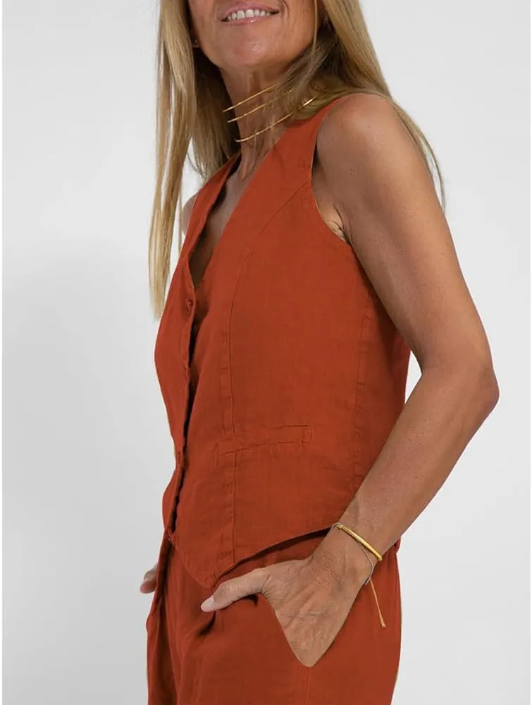 Women Linen Cotton Vest Pants Set Cotton Sleeveless Vest Tank Crop Top Wide Leg Pantsuit