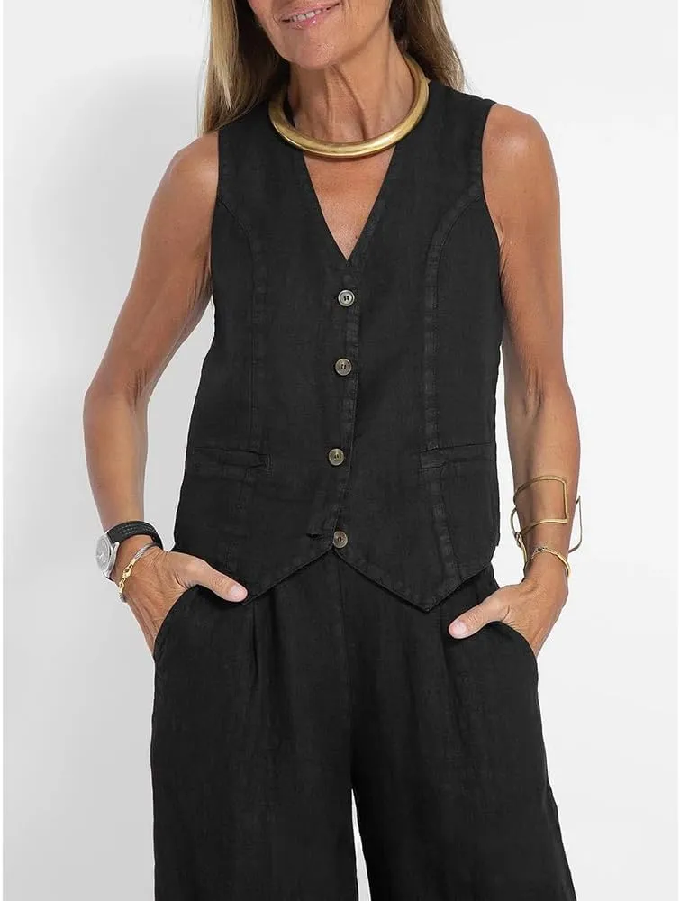 Women Linen Cotton Vest Pants Set Cotton Sleeveless Vest Tank Crop Top Wide Leg Pantsuit
