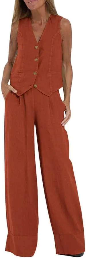 Women Linen Cotton Vest Pants Set Cotton Sleeveless Vest Tank Crop Top Wide Leg Pantsuit