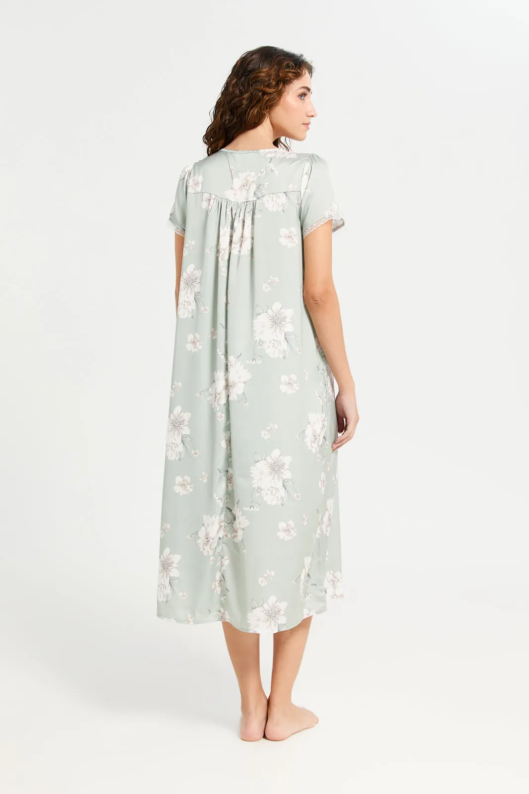 Women Mint Printed Lace Nightgown