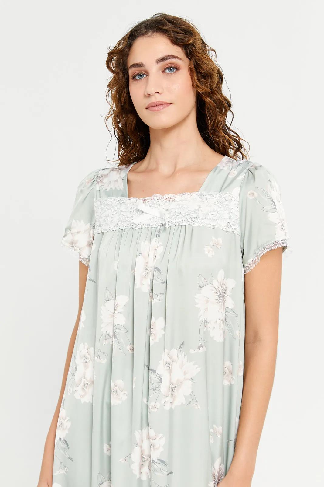 Women Mint Printed Lace Nightgown