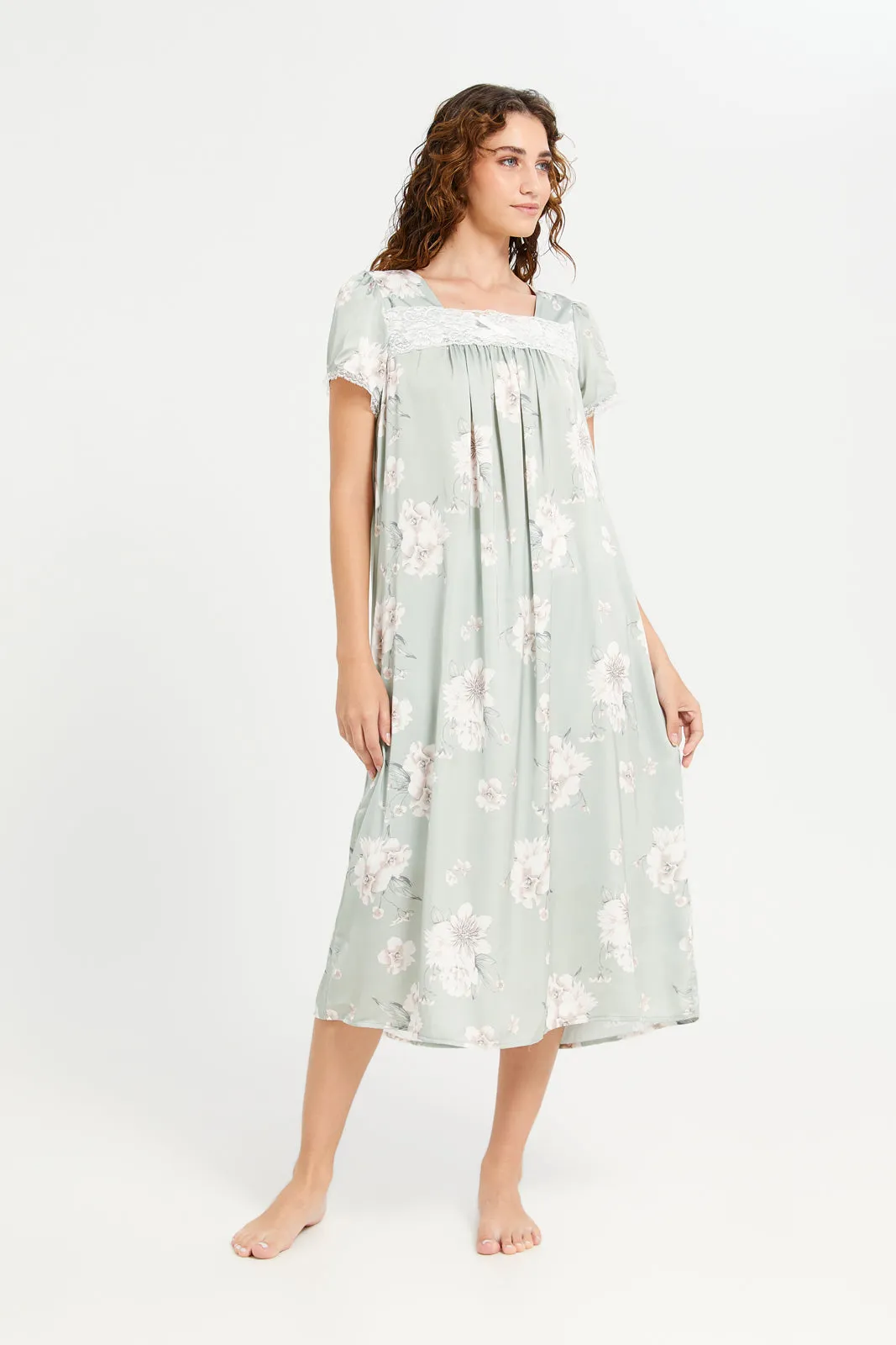 Women Mint Printed Lace Nightgown
