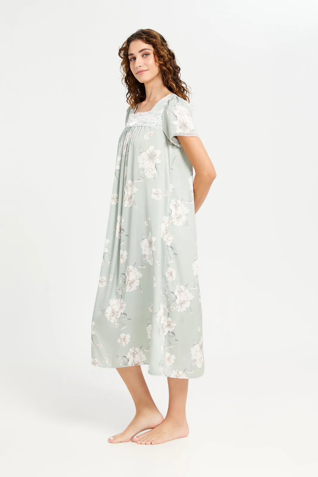 Women Mint Printed Lace Nightgown