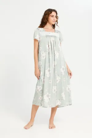 Women Mint Printed Lace Nightgown