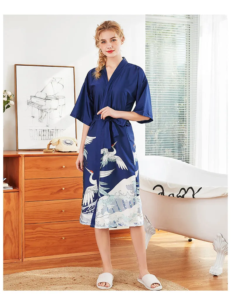 Women Nightgown Kimono Robes | Crane pattern