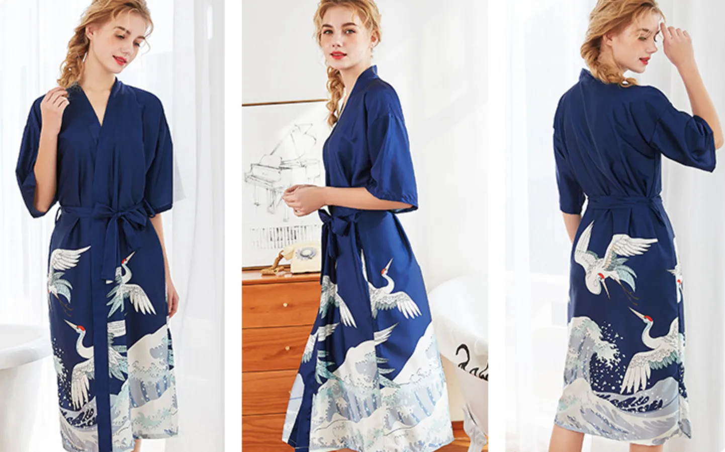 Women Nightgown Kimono Robes | Crane pattern