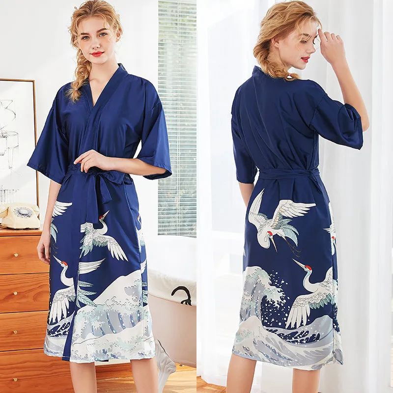 Women Nightgown Kimono Robes | Crane pattern