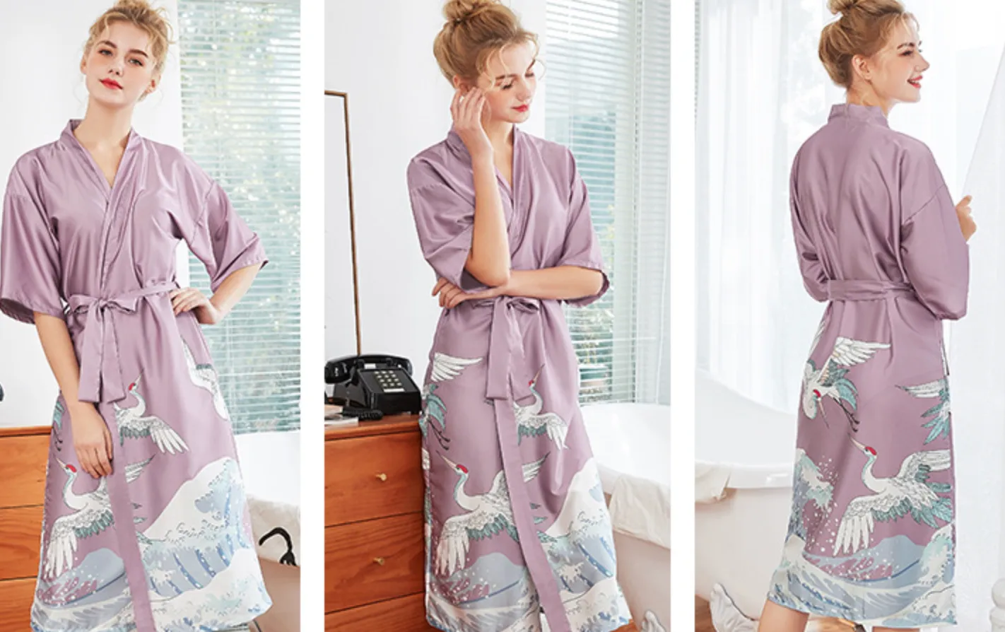 Women Nightgown Kimono Robes | Crane pattern