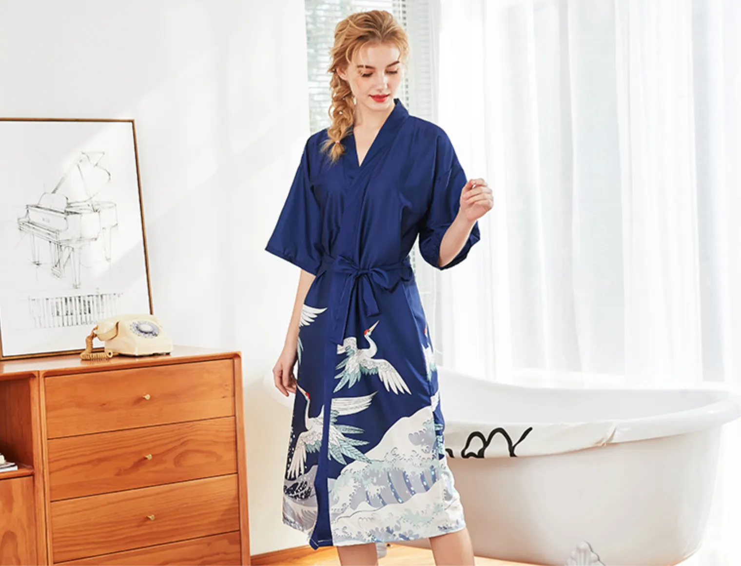 Women Nightgown Kimono Robes | Crane pattern