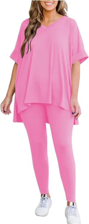 Women Oversized Loose Pajama Set, 2 Piece Solid Color Basic Short Sleeve Shirt Pjs and Skinny Pants Loungewear Sleepwear