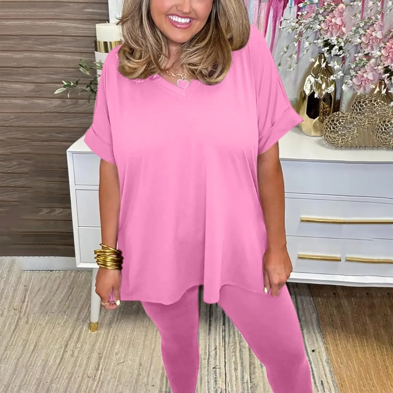 Women Oversized Loose Pajama Set, 2 Piece Solid Color Basic Short Sleeve Shirt Pjs and Skinny Pants Loungewear Sleepwear