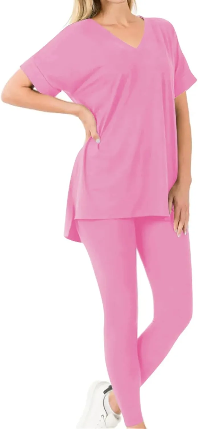 Women Oversized Loose Pajama Set, 2 Piece Solid Color Basic Short Sleeve Shirt Pjs and Skinny Pants Loungewear Sleepwear