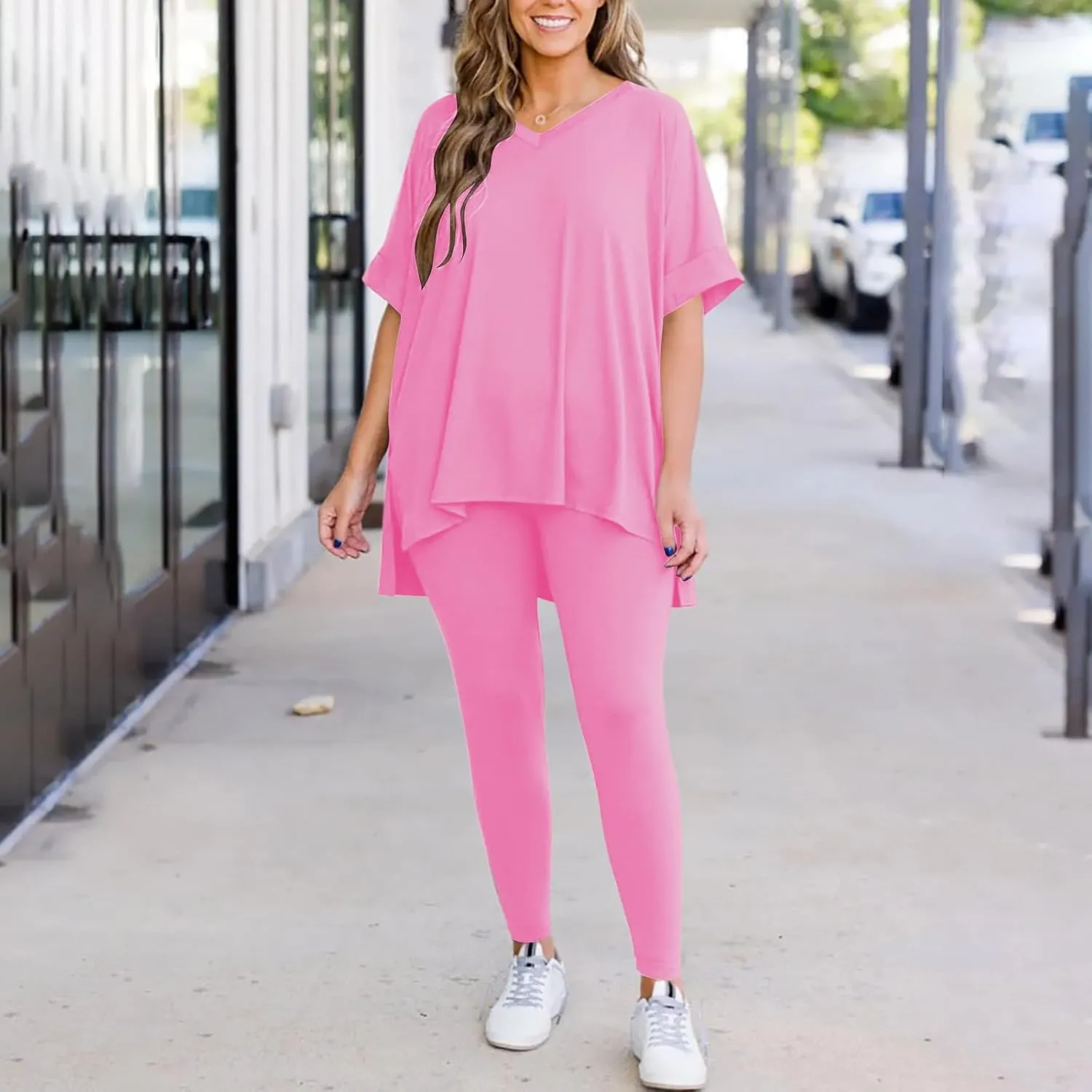 Women Oversized Loose Pajama Set, 2 Piece Solid Color Basic Short Sleeve Shirt Pjs and Skinny Pants Loungewear Sleepwear