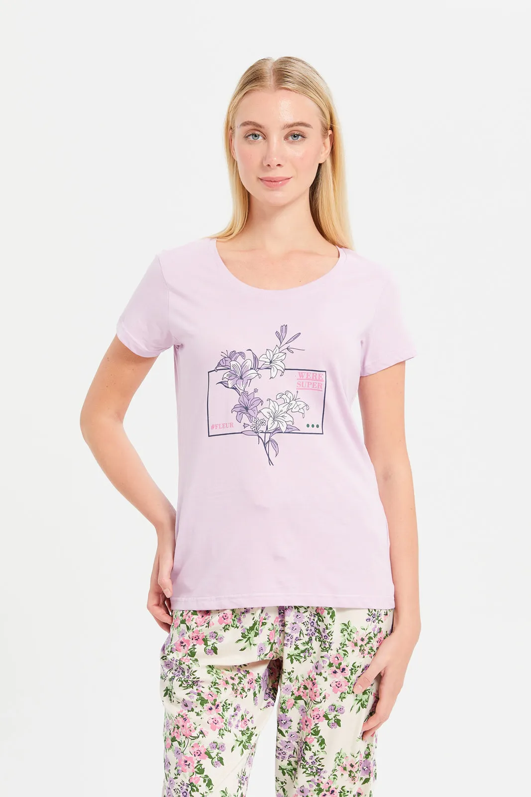 Women Purple And White Printed Pajama Set (2 Piece)