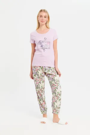 Women Purple And White Printed Pajama Set (2 Piece)