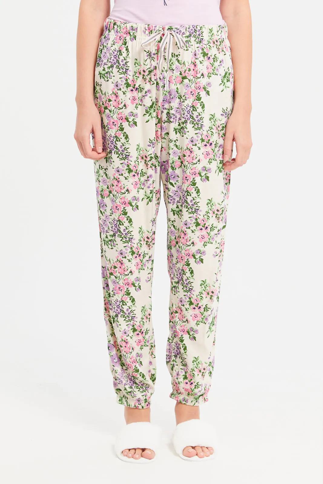 Women Purple And White Printed Pajama Set (2 Piece)