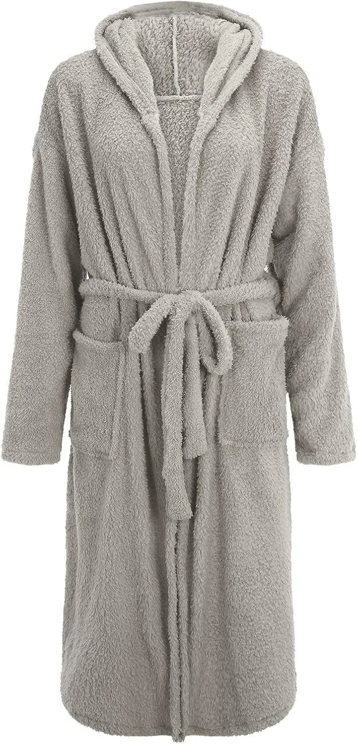 Women Robe Long Knit Bathrobe Hooded Flannel Bathrobe Soft And Warm Double Fluffy Fuzzy Cozy Warm Lightweight