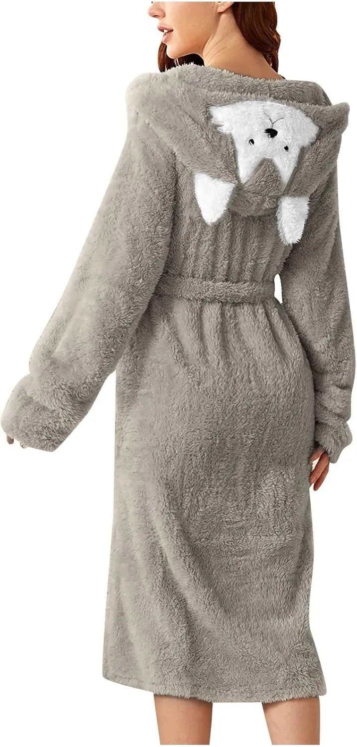 Women Robe Long Knit Bathrobe Hooded Flannel Bathrobe Soft And Warm Double Fluffy Fuzzy Cozy Warm Lightweight