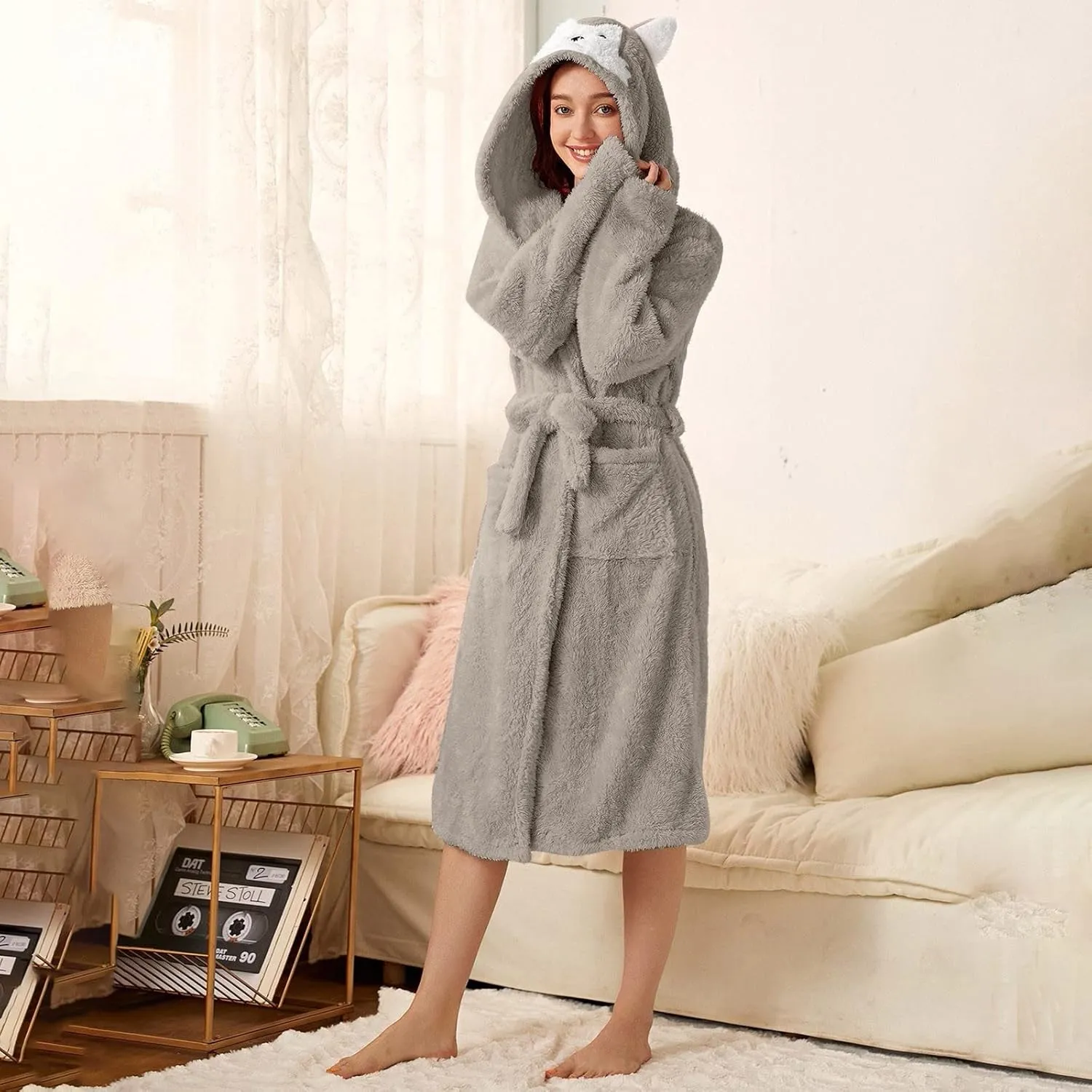 Women Robe Long Knit Bathrobe Hooded Flannel Bathrobe Soft And Warm Double Fluffy Fuzzy Cozy Warm Lightweight