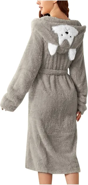 Women Robe Long Knit Bathrobe Hooded Flannel Bathrobe Soft And Warm Double Fluffy Fuzzy Cozy Warm Lightweight