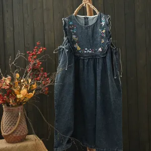 Women Spring Vintage Ethnic Embroidered Cotton Vest Dress