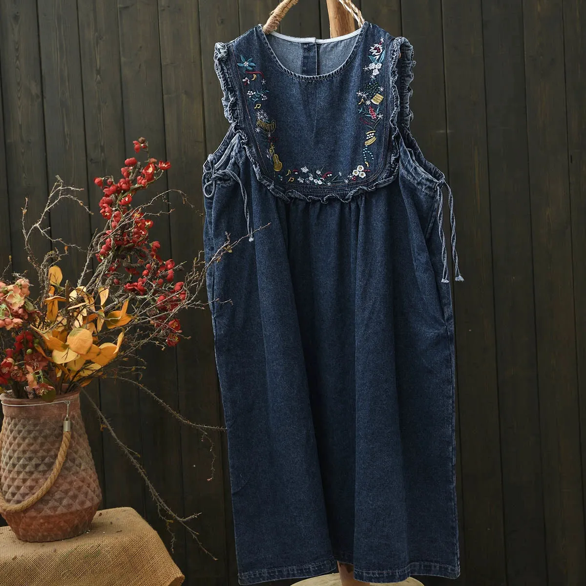 Women Spring Vintage Ethnic Embroidered Cotton Vest Dress