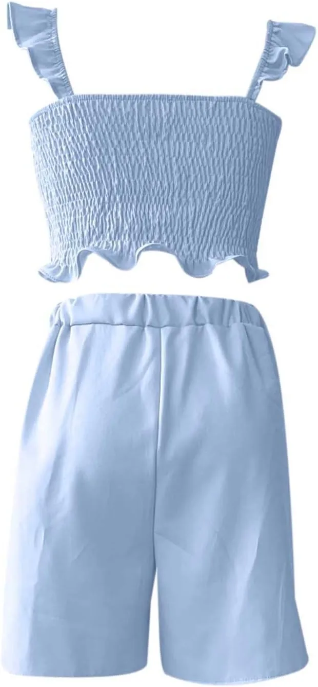 Women Summer 2 Piece Outfits Sleeveless Tank Top and Elastic Shorts Linen Jumpsuits Vacation Beach Y2K Set 2025