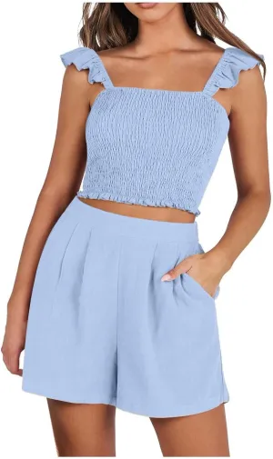 Women Summer 2 Piece Outfits Sleeveless Tank Top and Elastic Shorts Linen Jumpsuits Vacation Beach Y2K Set 2025