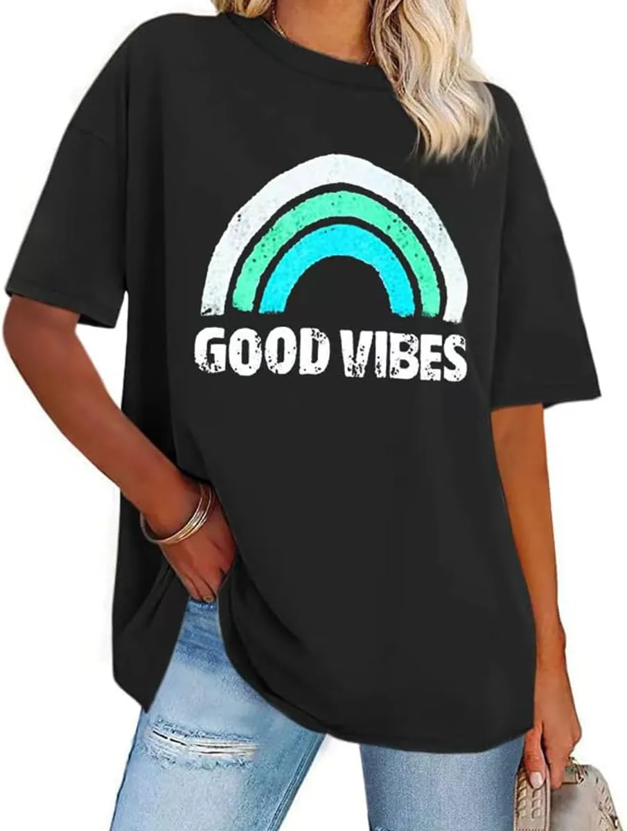 Women T Shirts Short Sleeve Tees Summer Oversized Crewneck Casual Fashion Graphic Printed Loose Tops Blouses 2025