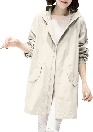 Women Waterproof Lightweight Rain Jacket Long Hooded Active Outdoor Lightweight Raincoat Windbreaker Fall Fashion Coat